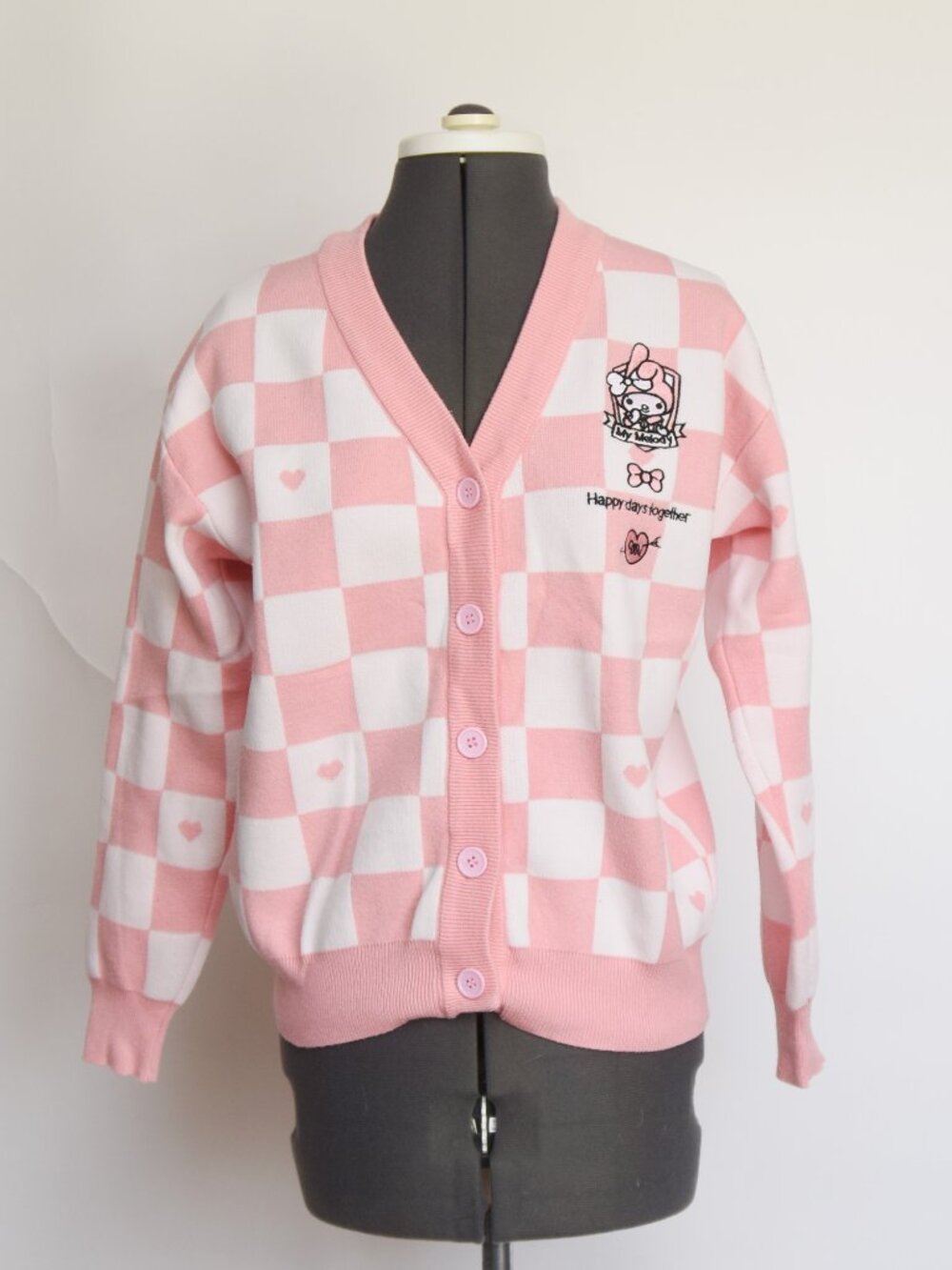 Sanrio My Melody Pink White Checkered Cardigan Sweater Hearts Medium